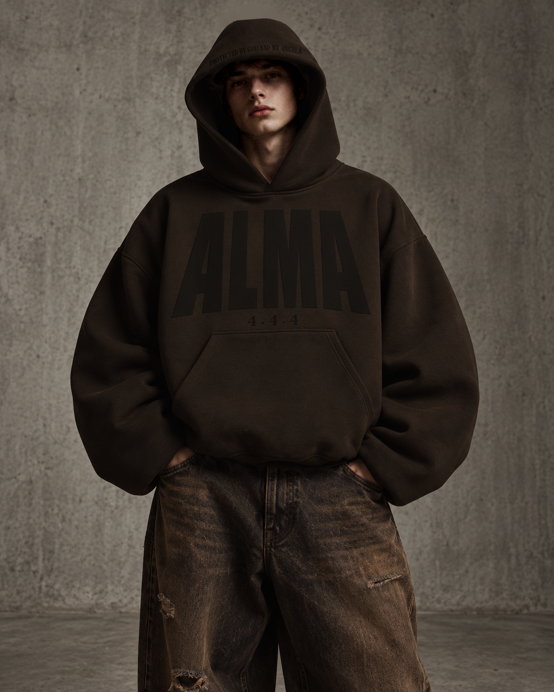 444 Double Layer Hoodie Brown con modelo
